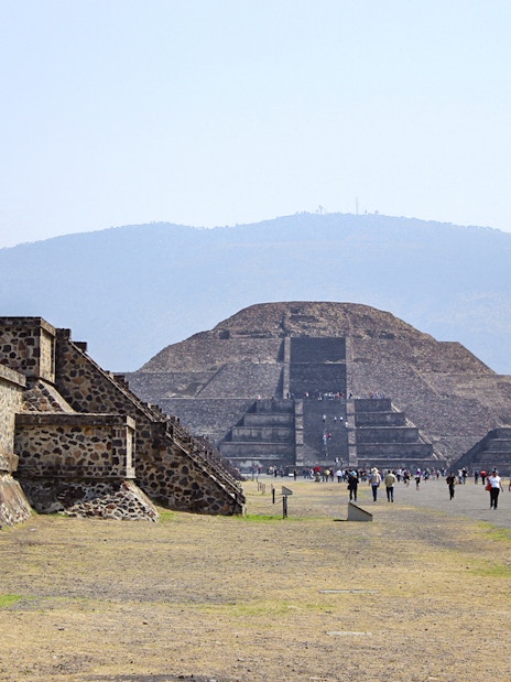 Pyramid of the Moon viewed from a distance in Teotihuacan, Mexico.