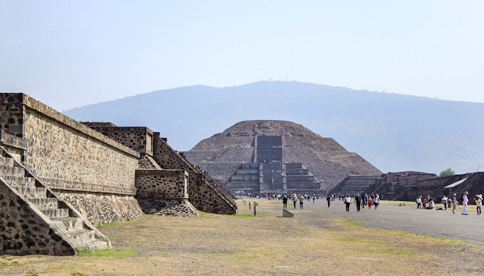 Pyramid of the Moon viewed from a distance in Teotihuacan, Mexico.