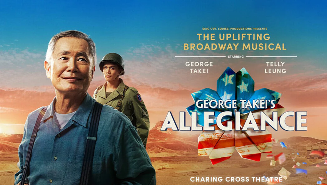 Broadway musical "Allegiance" poster featuring George Takei and Telly Leung at Charing Cross Theatre.