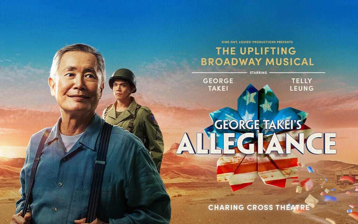 Broadway musical "Allegiance" poster featuring George Takei and Telly Leung at Charing Cross Theatre.