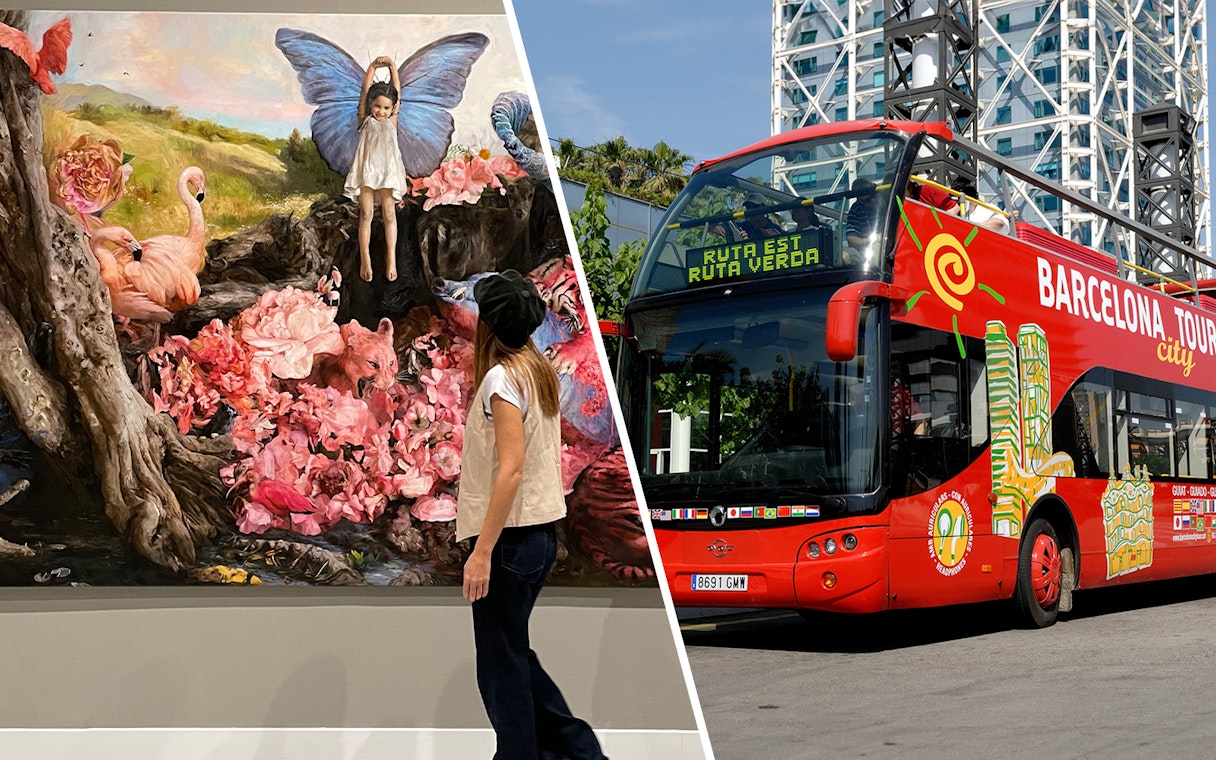 Art museum visitor viewing surreal painting; Barcelona tour bus parked outside.
