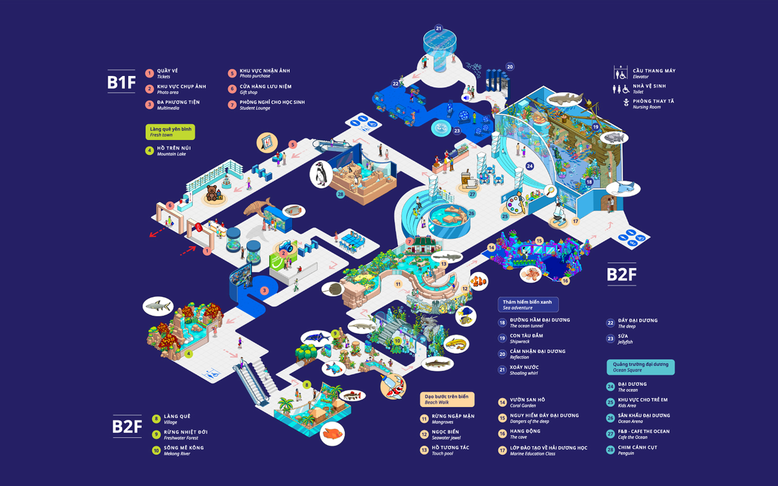 Lotte World Aquarium Hanoi map showing attractions and layout across two floors.
