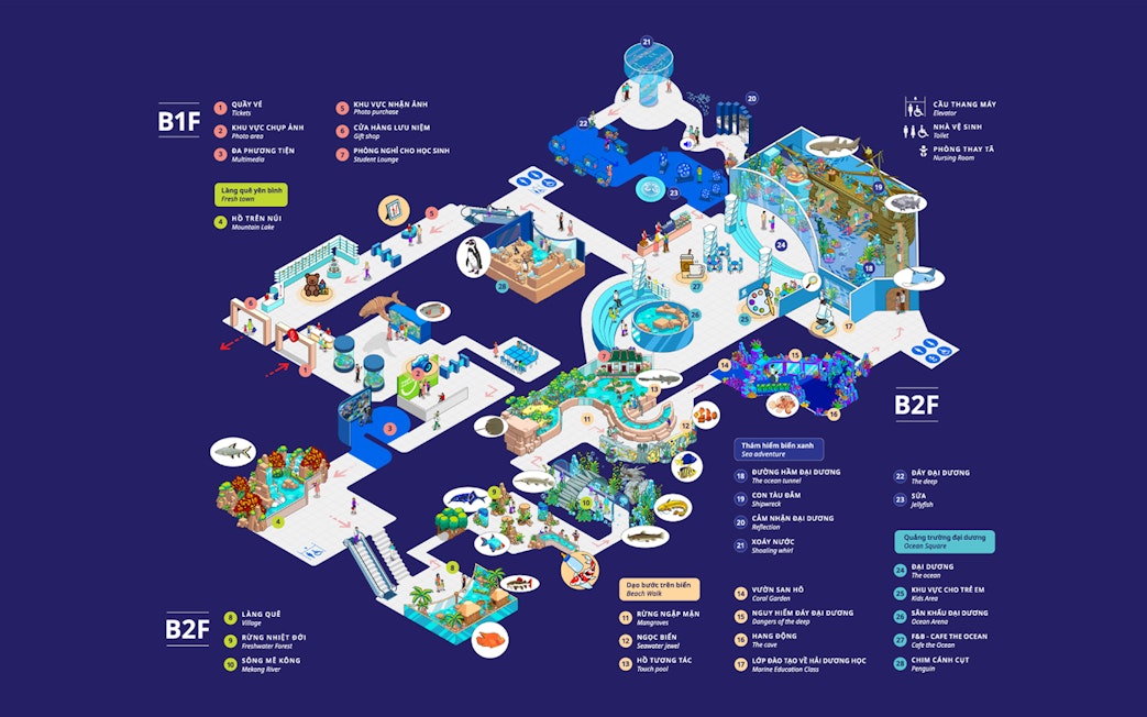 Lotte World Aquarium Hanoi map showing attractions and layout across two floors.