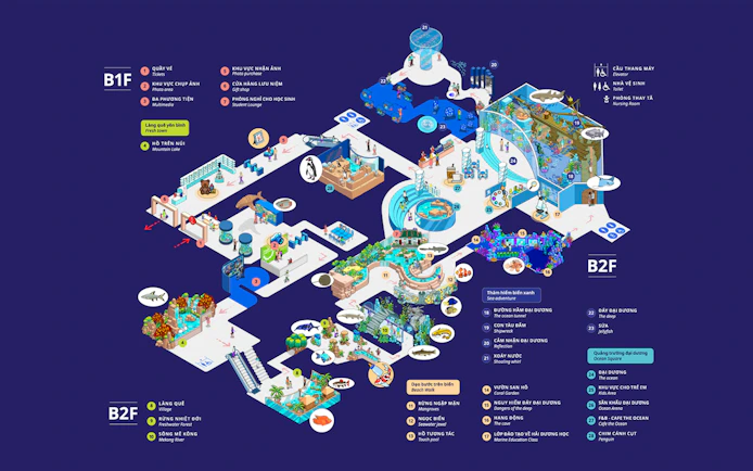 Lotte World Aquarium Hanoi map showing attractions and layout across two floors.