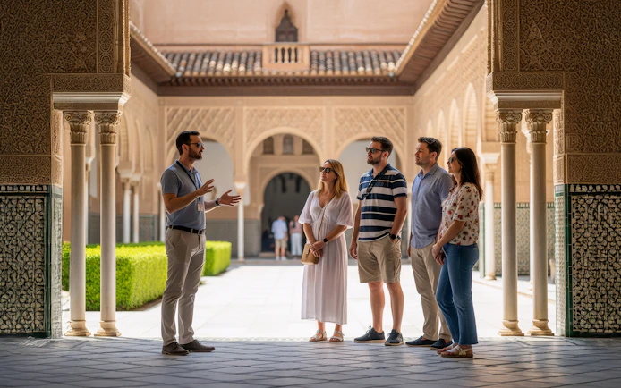 Tour guide explaining history to visitors at Alcázar of Seville courtyard.