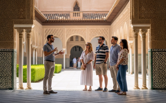 Tour guide explaining history to visitors at Alcázar of Seville courtyard.