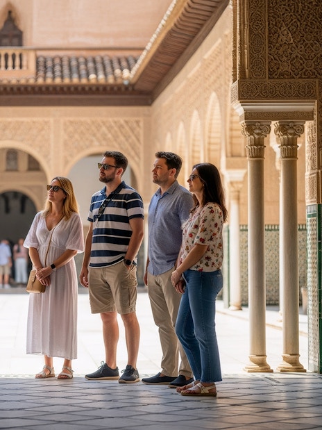 Tour guide explaining history to visitors at Alcázar of Seville courtyard.