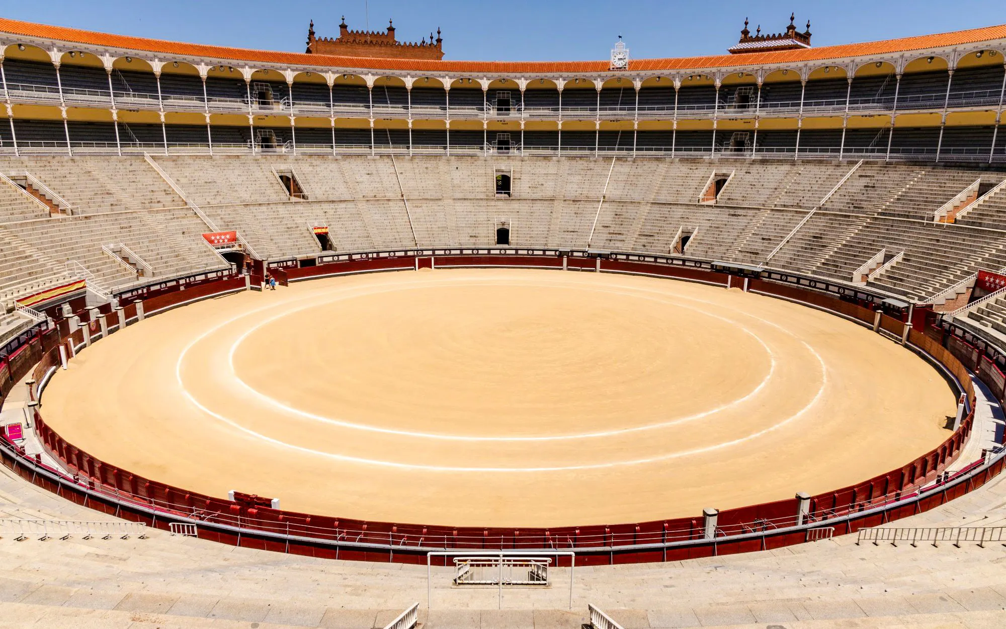 Las Ventas bullring in Madrid, Spain, showcasing the empty arena and surrounding seating.