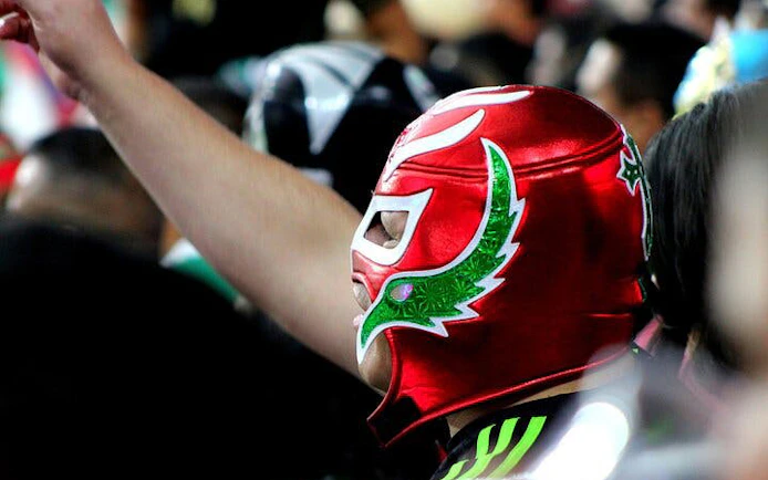 Wrestler in red mask at Lucha Libre event in Mexico.