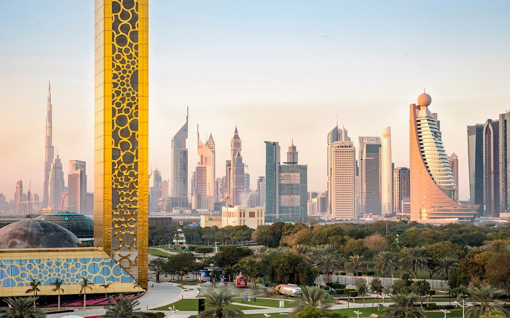 Dubai Frame with city skyline, highlighting architectural contrast in Dubai, UAE.