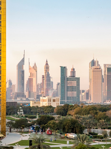 Dubai Frame with city skyline, highlighting architectural contrast in Dubai, UAE.