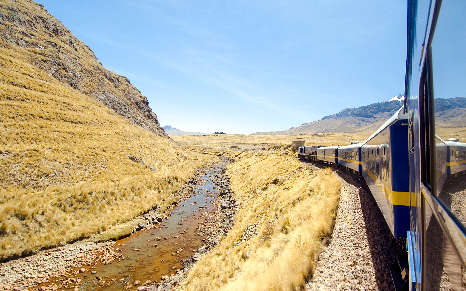 Train journey from Cusco to Machu Picchu, Peru, passing through scenic mountain landscape.