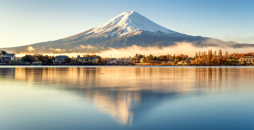 Mt. Fuji view from Tokyo with cherry blossoms in foreground.