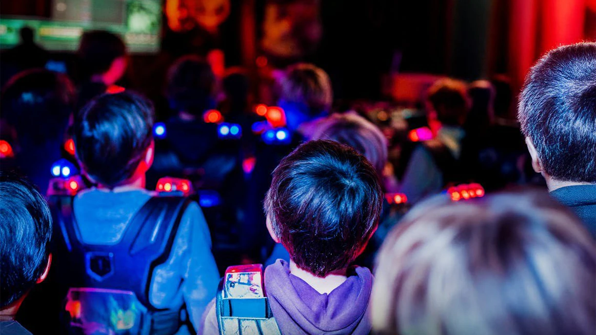 Participants in laser tag gear at Lasergame Rotterdam.