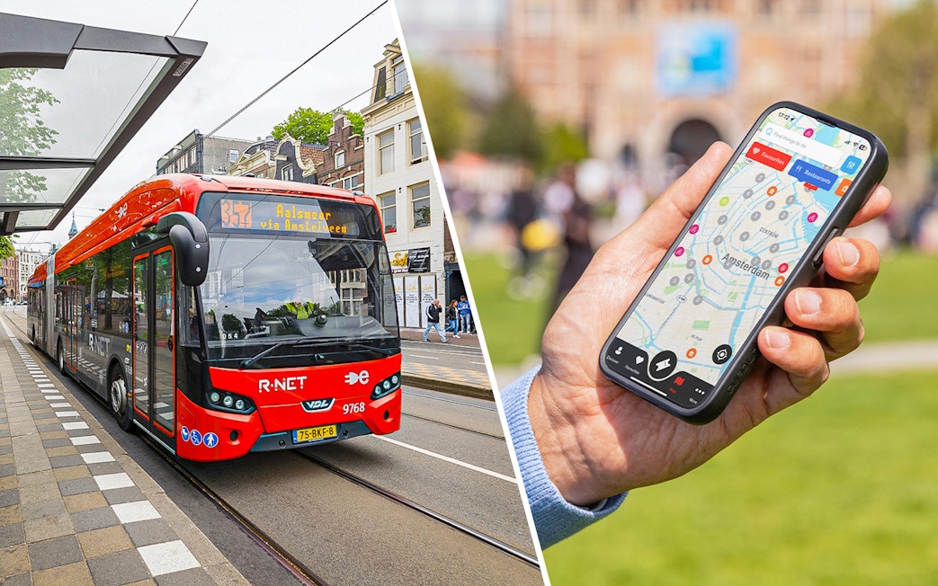 Tram in Amsterdam and a hand holding a smartphone with a city map.
