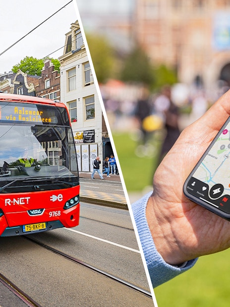 Tram in Amsterdam and a hand holding a smartphone with a city map.