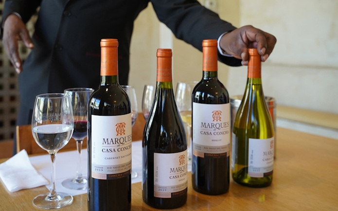 Wine bottles displayed during tasting at Concha y Toro winery.