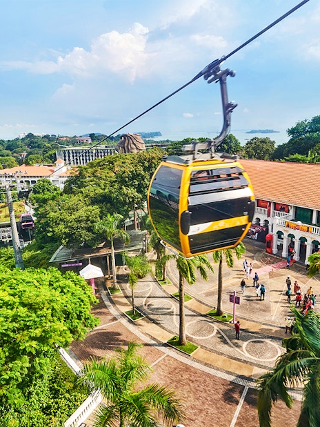 Aerial view of Singapore cityscape from a cable car, highlighting lush greenery and urban architecture.
