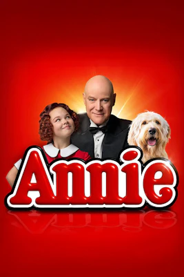 Annie musical poster with characters and dog, Brisbane show.