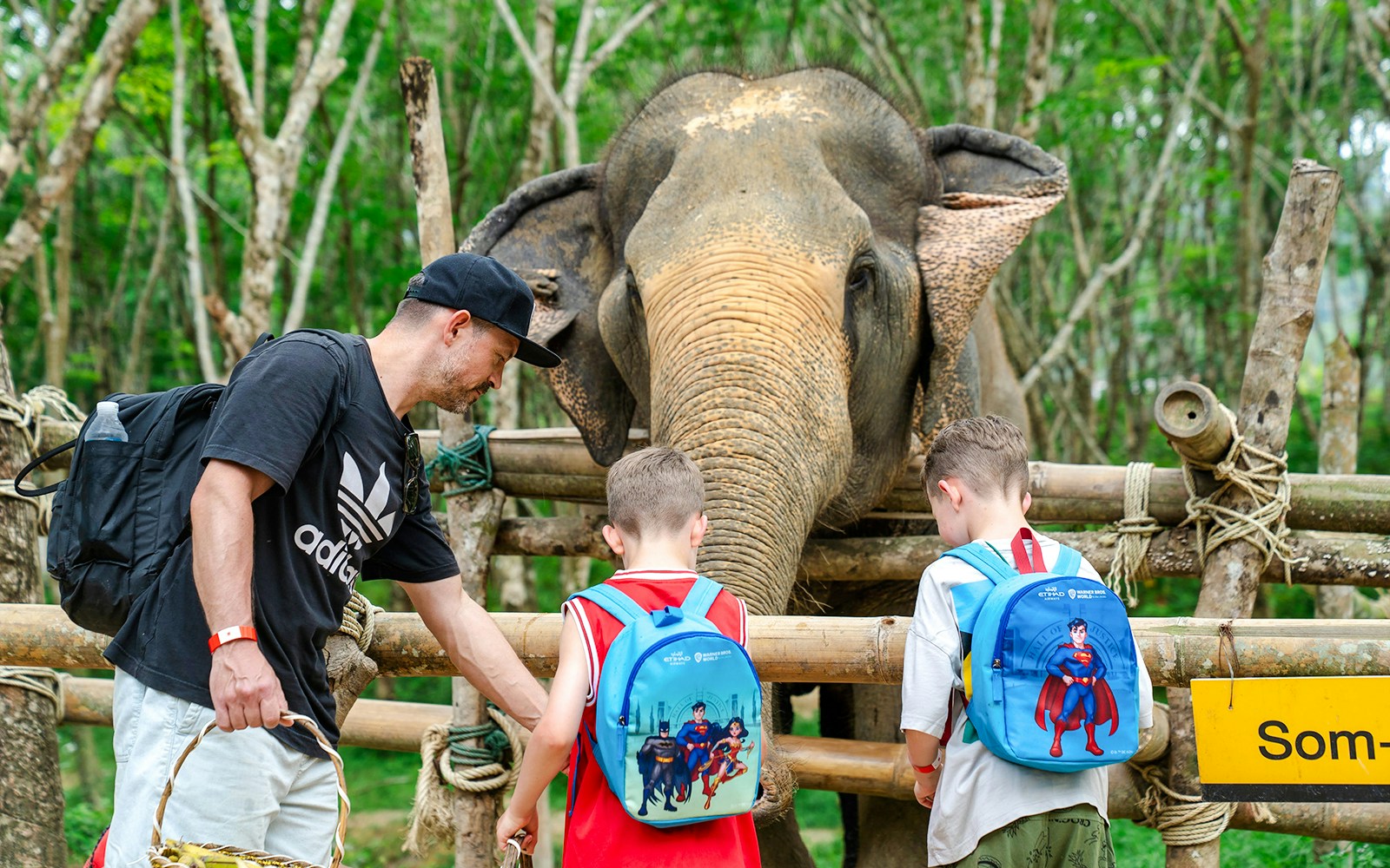 Family feeding elephant at Khaolak Ethical Elephant Sanctuary.