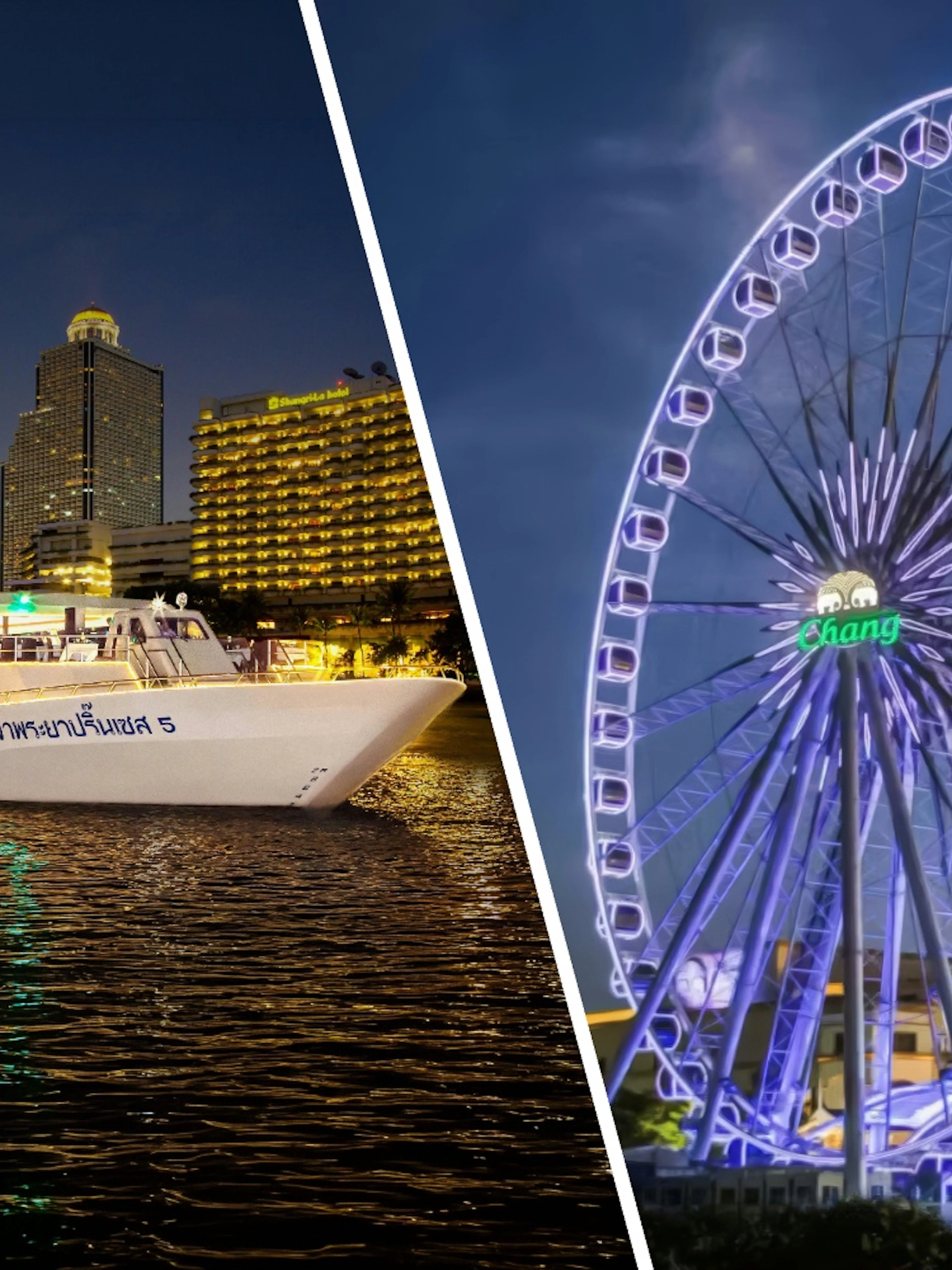 Chao Phraya Princess cruise at night with Bangkok skyline and Ferris wheel.