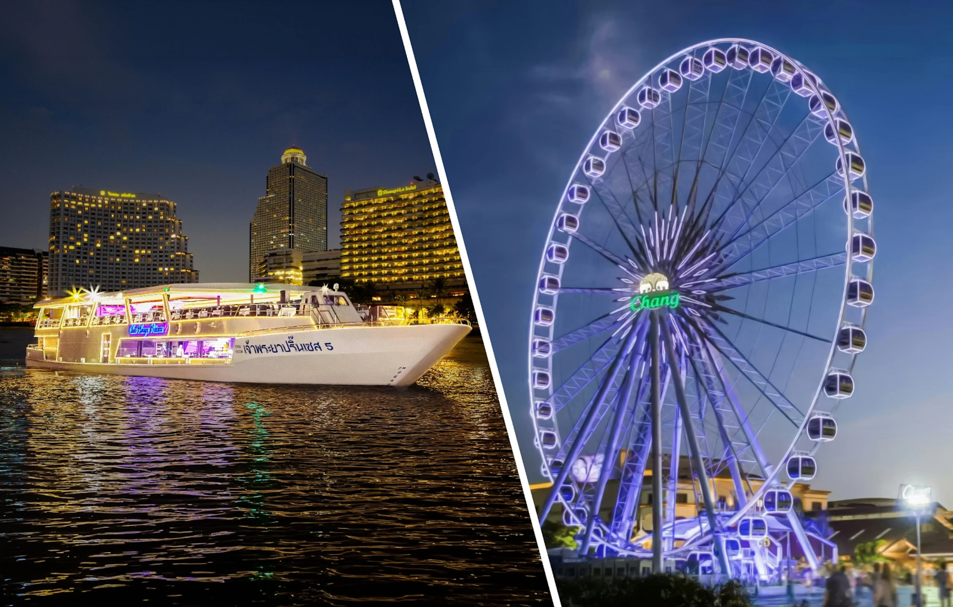 Chao Phraya Princess cruise at night with Bangkok skyline and Ferris wheel.