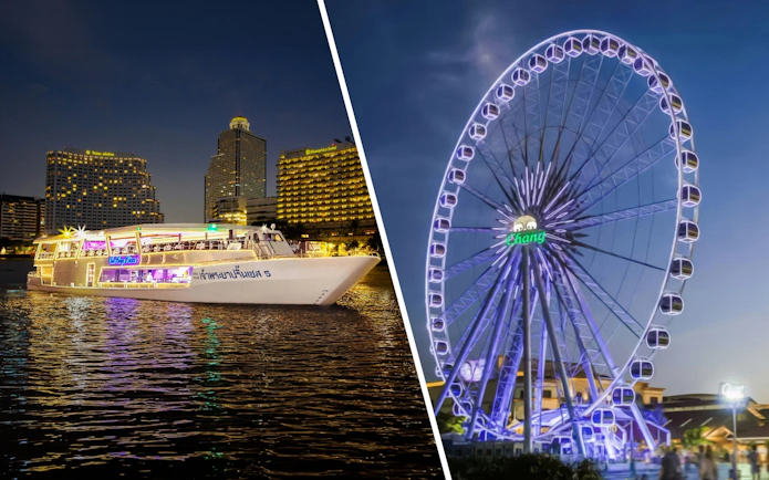 Chao Phraya Princess cruise at night with Bangkok skyline and Ferris wheel.