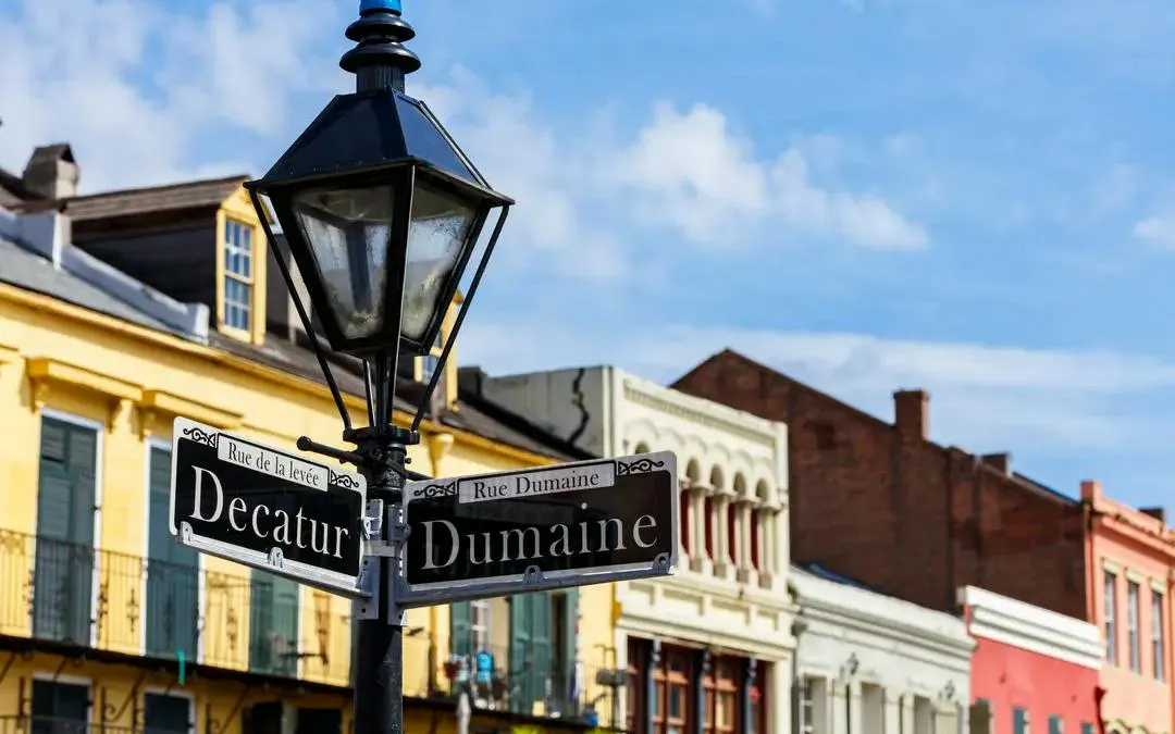Decatur and Dumaine street signs in New Orleans, part of the Phantom Ballerina city exploration game.