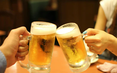 Cheers with beer mugs during Haarlem beer tour.