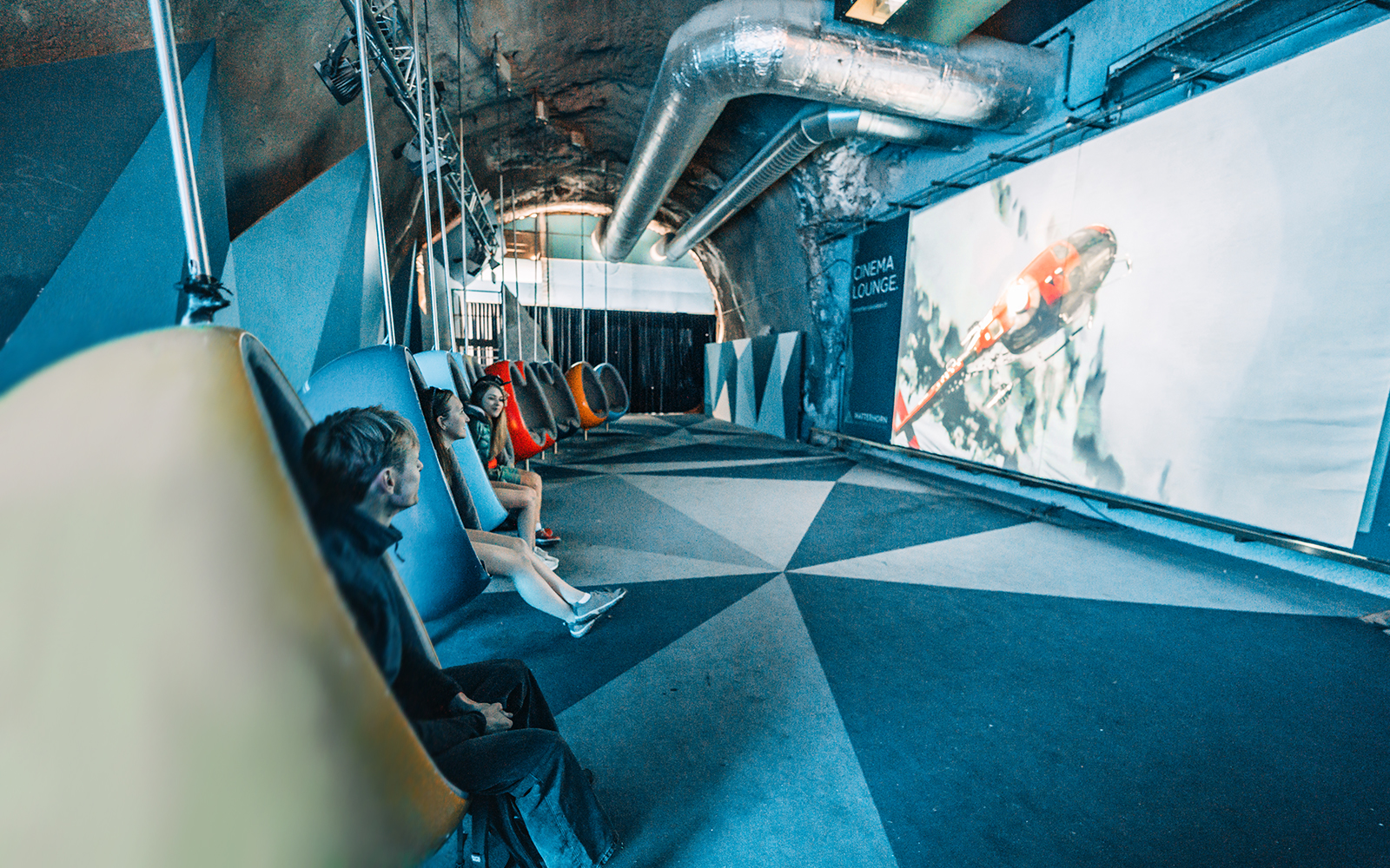 Cinema Lounge inside Breithorn Tunnel at Matterhorn Glacier Paradise, Zermatt, Switzerland.