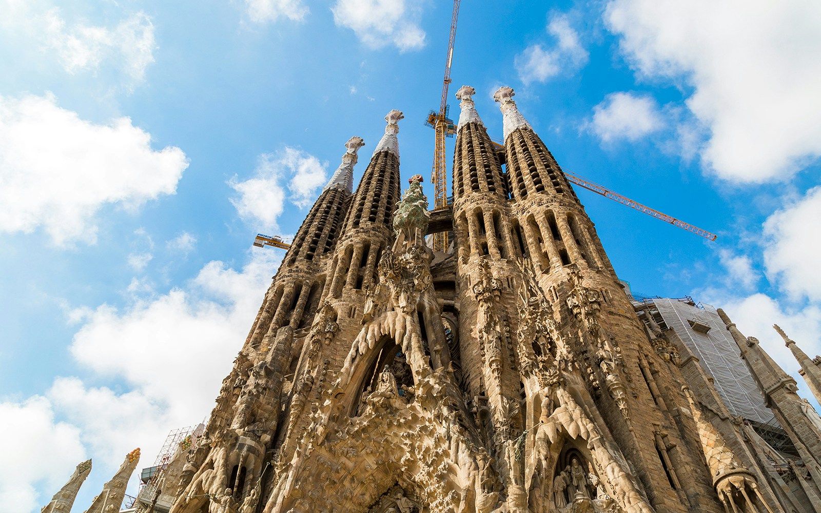 Sagrada Familia facade in Barcelona showcasing intricate architectural details.