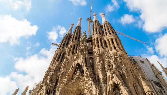 Sagrada Familia facade in Barcelona showcasing intricate architectural details.