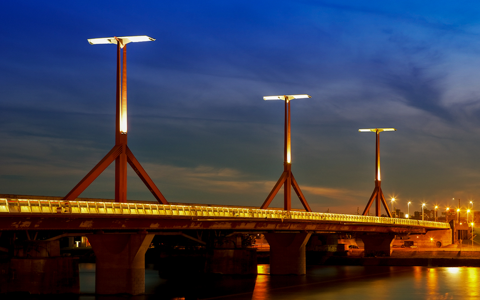 Rákóczi Bridge illuminated at night in Budapest, Hungary.
