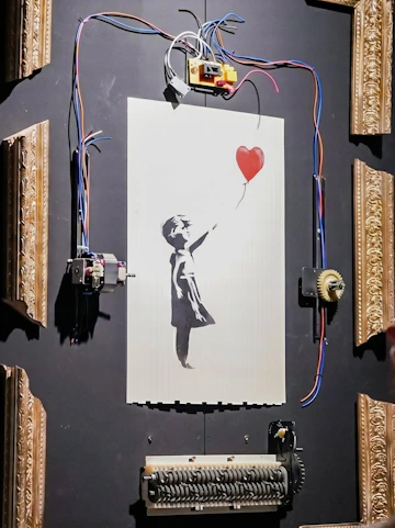Banksy's "Girl with Red Balloon" artwork with mechanical frame at Banksy Limitless exhibit.