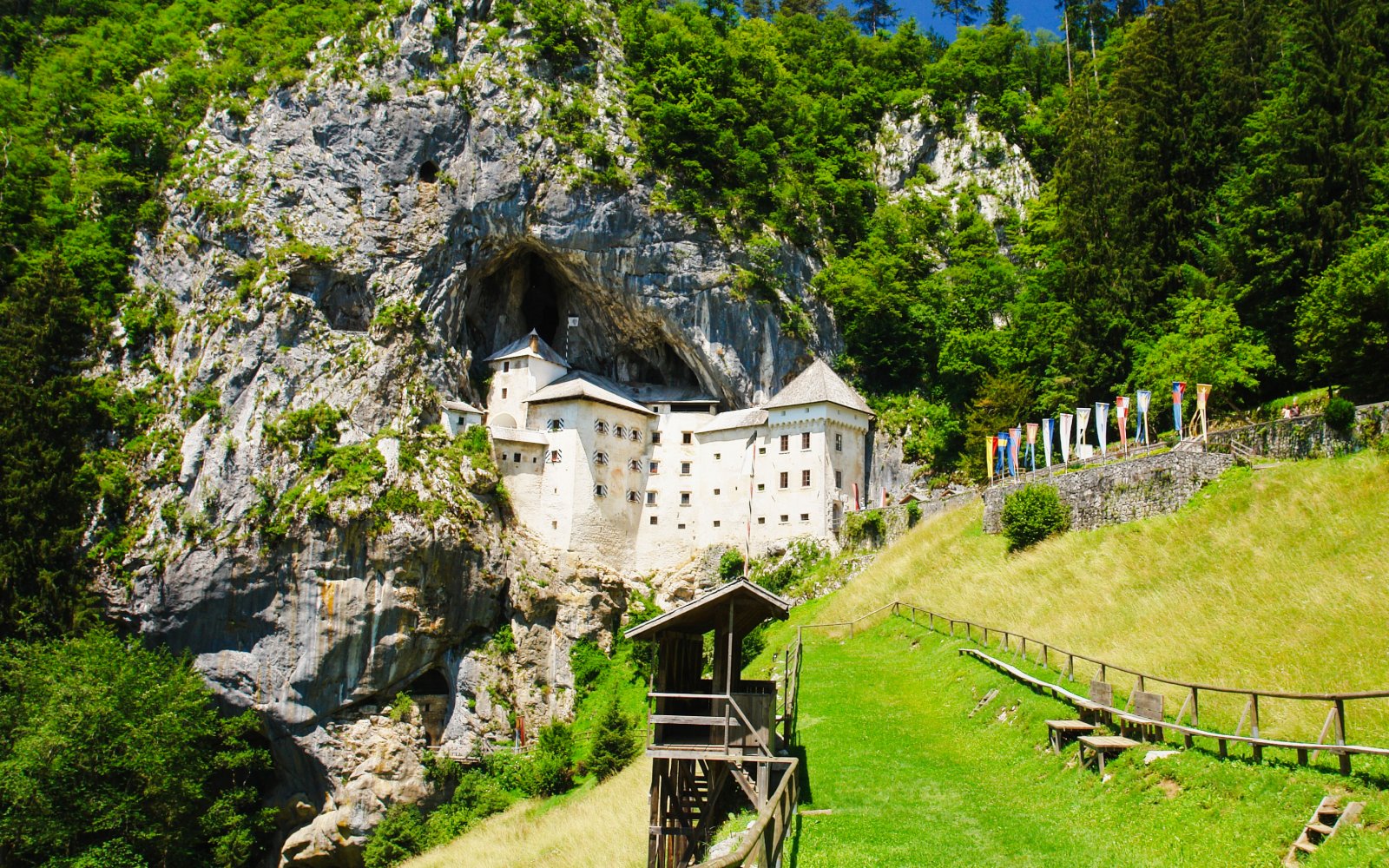 Castle Predjama nestled in a cliffside, surrounded by lush greenery in Slovenia.