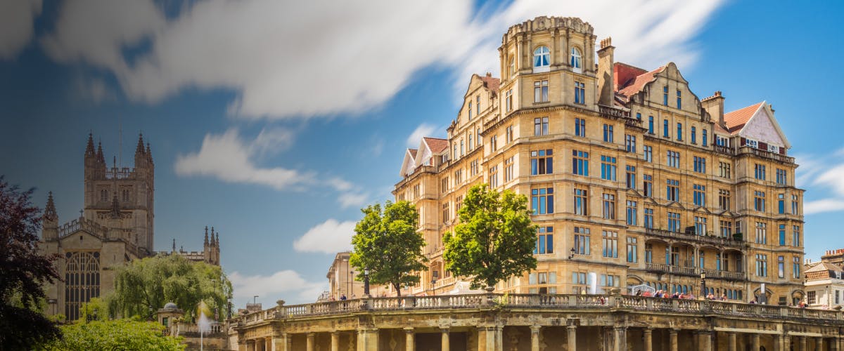 Roman Baths in Bath, United Kingdom with historic architecture and steaming thermal waters.