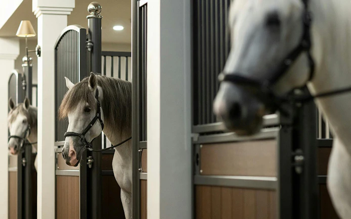 Horses in stables at Abu Dhabi Royal Equestrian Arts guided tour.