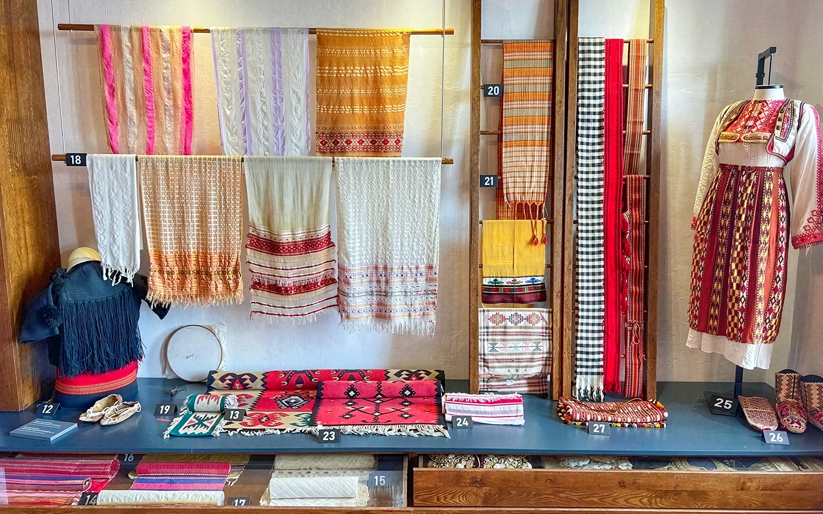 Traditional Albanian textiles and garments on display in the ethnographic museum at Kruja Castle, Albania.