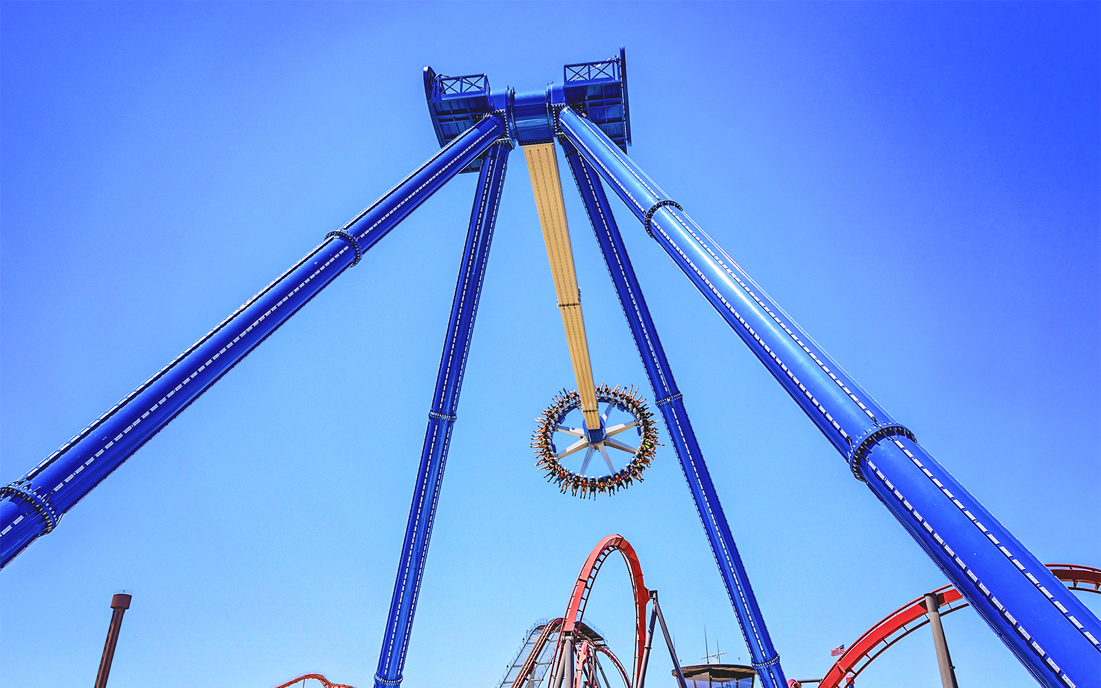 Sky Striker ride at Six Flags Great America with riders suspended in the air.