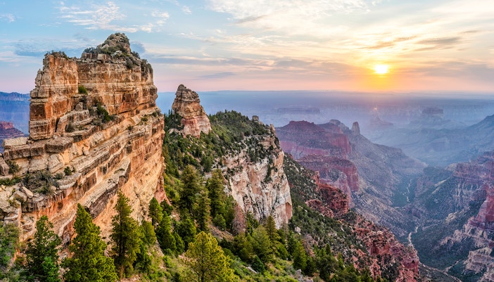Sunrise view at Roosevelt Point Overlook, Grand Canyon, with expansive canyon landscape.