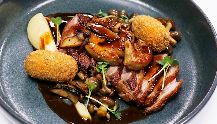 Duck breast with croquette and mushrooms at Wedgwood The Restaurant.