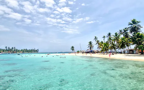 Beach with palm trees and clear water at Islas de San Blas, Panama City.