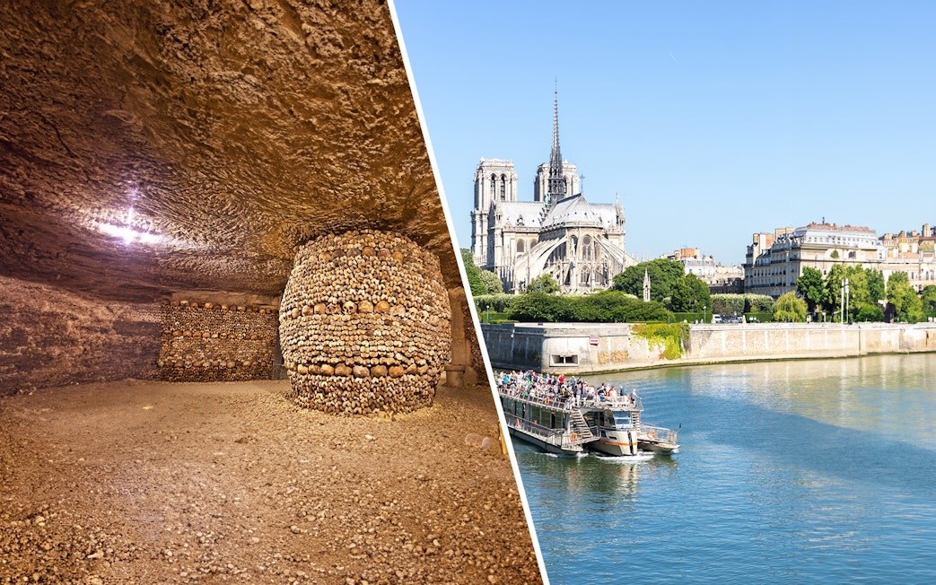 Catacombs with skulls and Seine River cruise near Notre-Dame in Paris.