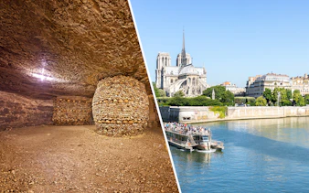 Catacombs with skulls and Seine River cruise near Notre-Dame in Paris.