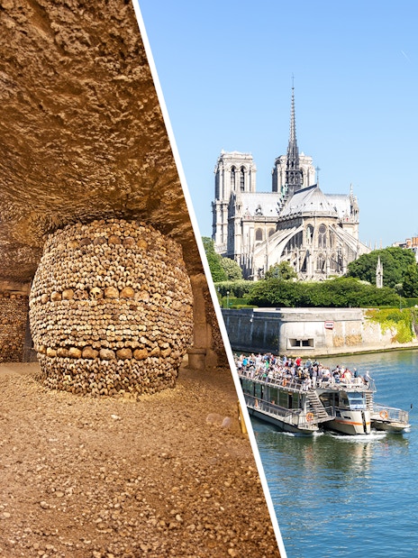 Catacombs with skulls and Seine River cruise near Notre-Dame in Paris.