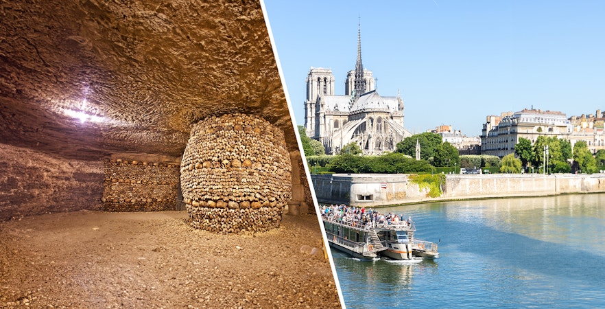 Catacombs with skulls and Seine River cruise near Notre-Dame in Paris.