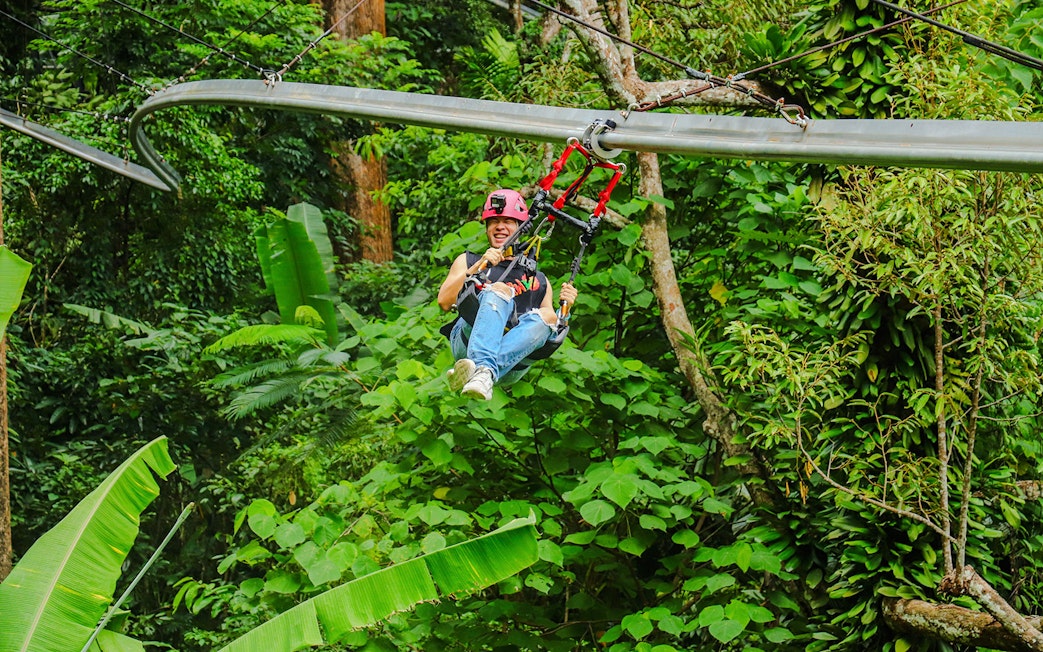 Girl enjoying roller zipline through lush forest.