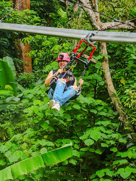 Girl enjoying roller zipline through lush forest.