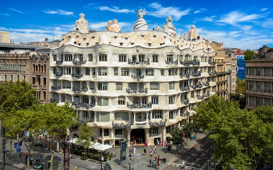 Casa Mila's unique stone facade and wavy balconies in Barcelona, Spain.