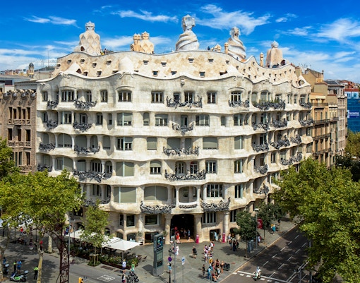 Casa Mila rooftop with unique chimneys in Barcelona, Spain.